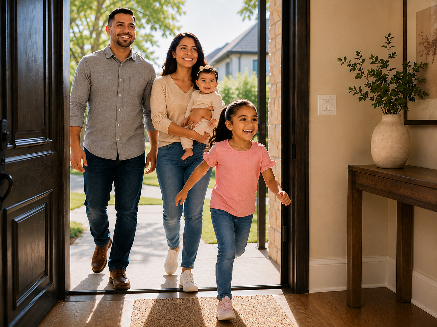 A family walking through the front door of their new Central Texas home