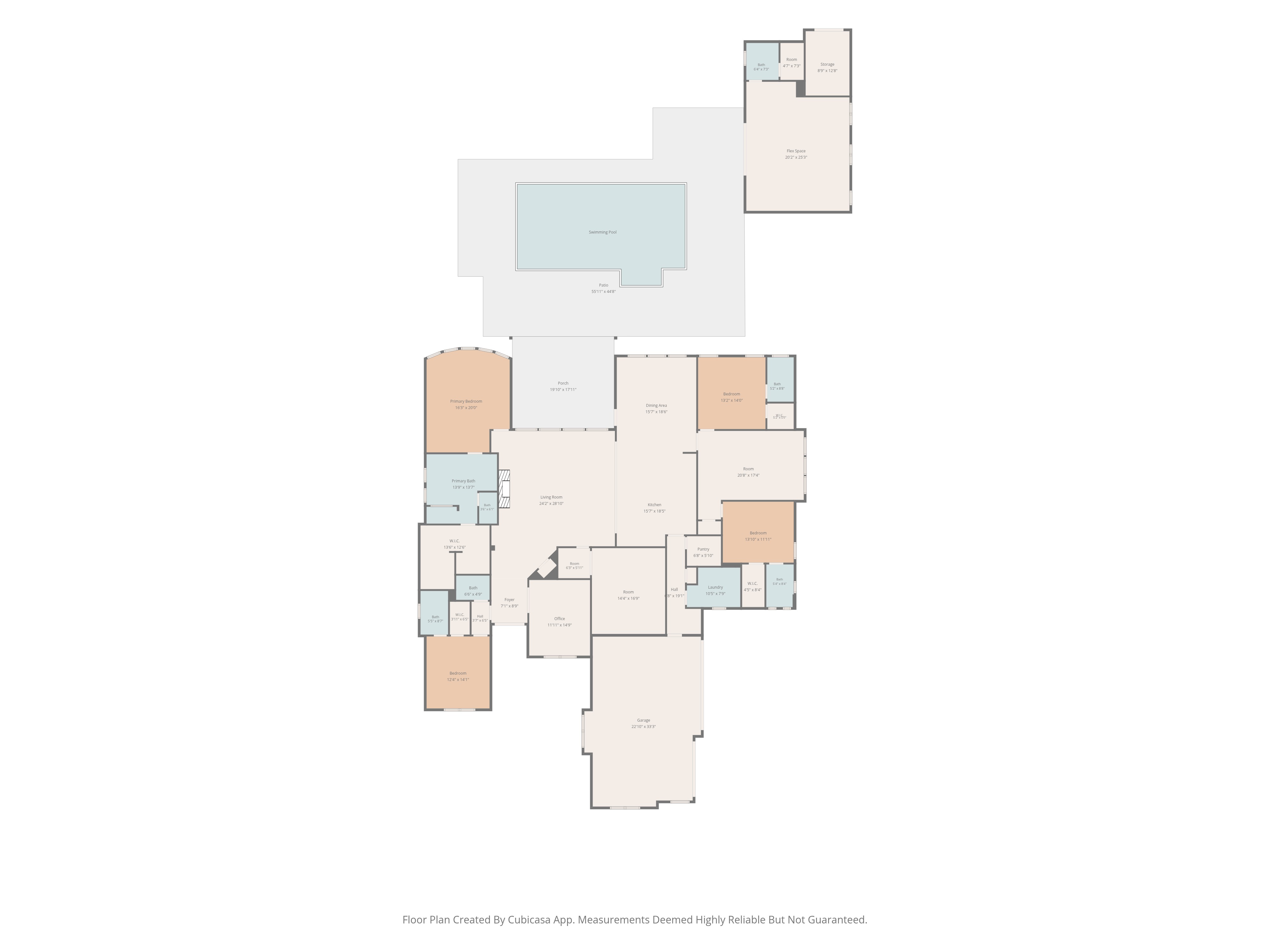 Complete floor plan of 649 Bunker Ranch Blvd, including room dimensions, garage, pool and detached casita