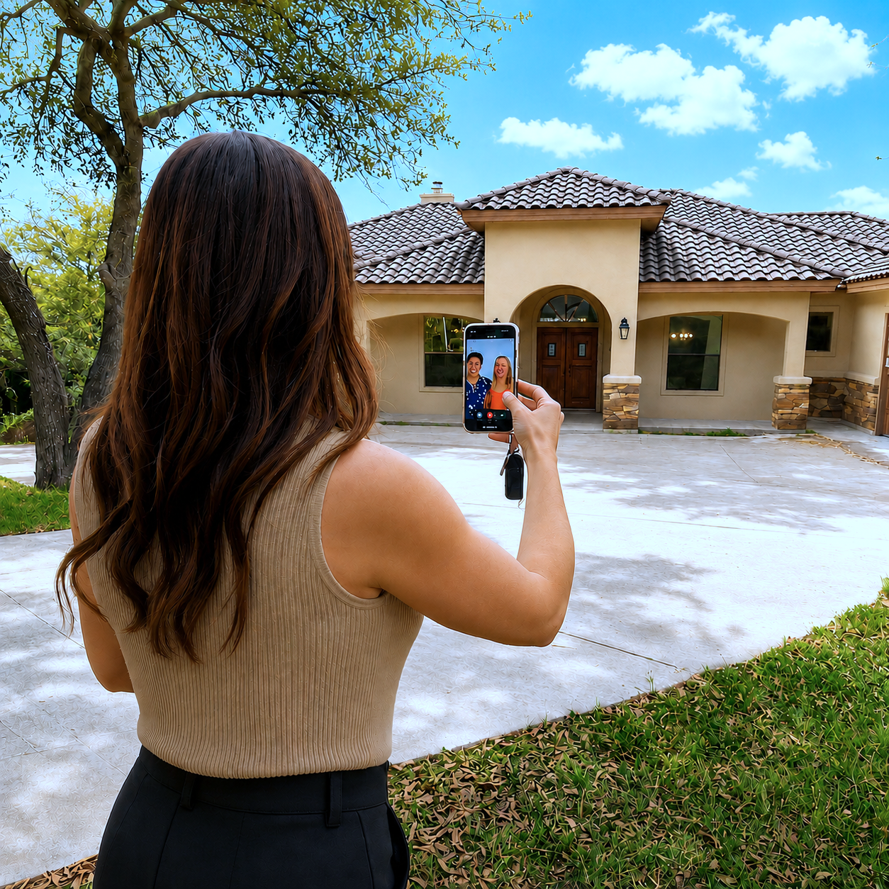 Jeanette on a FaceTime call walking out-of-state buyers through a Central Texas home from the driveway