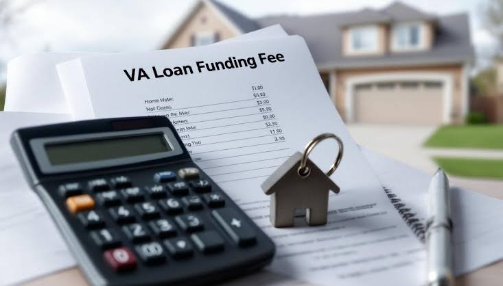 VA Loan Funding Fee document, calculator, and house keys