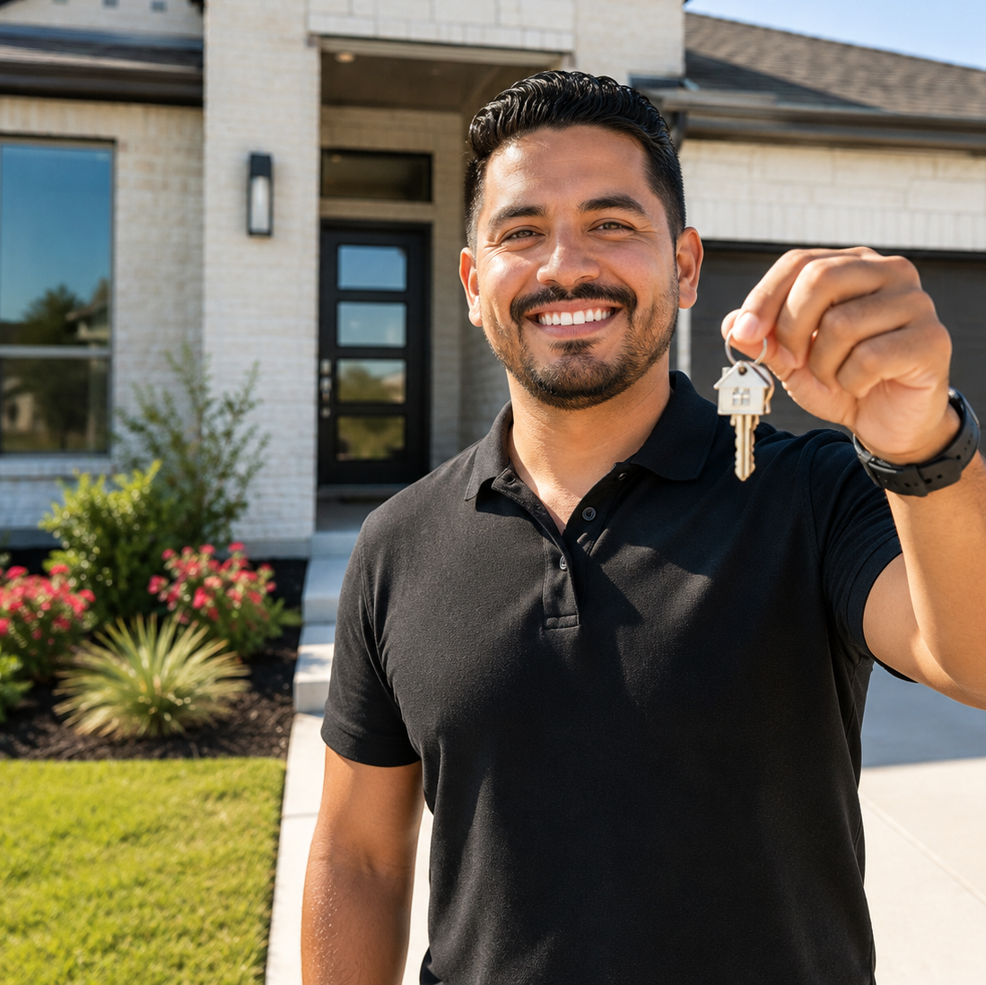A new homeowner holding up the keys in front of his house on closing day